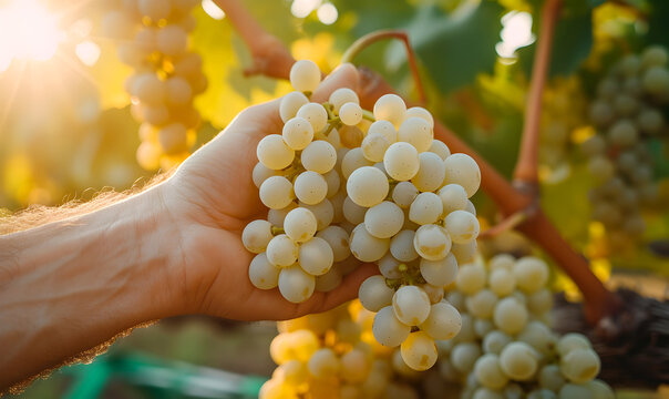 A hand holds a bunch of white grapes. Good grape harvest.