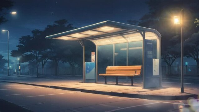 night city street, Cartoon or anime watercolor painting illustration style. seamless looping virtual video animation background.