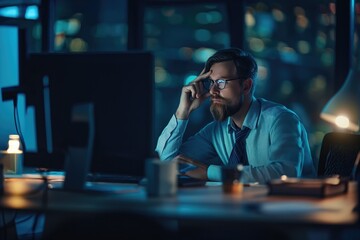 Shot of a businessman using a computer and phone during a late night at the office 