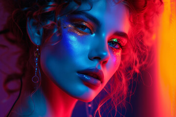 Capture the essence of a glamour fashion model in a bold, avant-garde portrait, showcasing unique coiffure, expressive poses, and dramatic illumination against a dark, stylish backdrop.