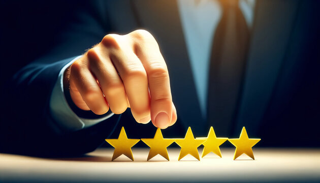 Success, human hand placing yellow stars on a surface, symbolizing the evaluation of quality in a product or service, Created by using generative AI tools	
