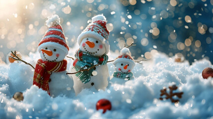 Snowman family in red hats and scarves on snow in winter