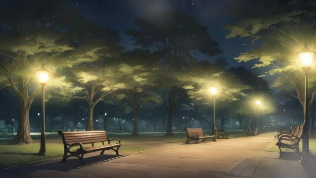 night city park, Cartoon or anime watercolor painting illustration style. seamless looping virtual video animation background.