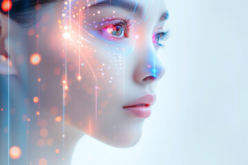 Consciousness and Artificial Intelligence Idea. Woman's Profile in a Colorful Data Stream and Code. Conceptual Merging Cybernetics, AI, and Future Code Tech.