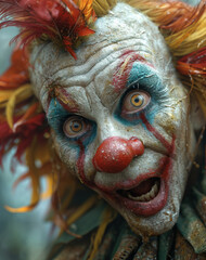 Close-up of Clowns Face With Feather Accents. Close-Up of Red-Nosed Clowns Face With Colorful Makeup and Wide Grinning Smile