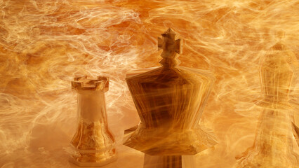 Glass king and queen chess on a glass floor on blur burning chess board (3D Rendering)