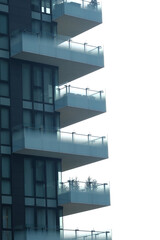 Detail of modern balcony with gradient glass panes. Contemporary architecture, urban living.