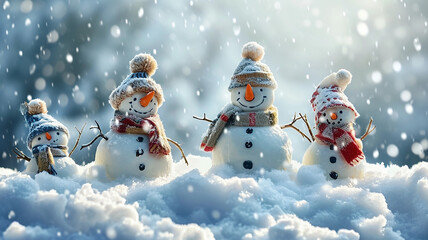 Happy snowman family in red hats, scarves and scarves standing in the snow. 