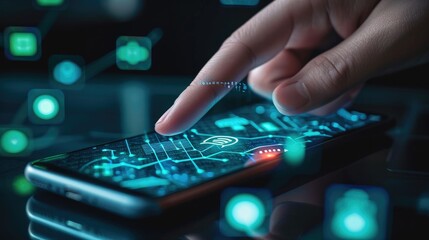 hand touch over a smartphone to activate cybersecurity measures against hacking and phishing