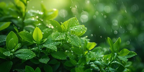Morning dew on vibrant green leaf, water drops on green leaves background. Raindrops, water on leaf. Fresh, juicy, tree leaf close-up, spring, summer, nature background