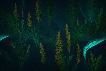 A fluid blend of organic shapes that resembles a digital forest of bioluminescent plants, creating a tranquil and beautiful patterned background. 