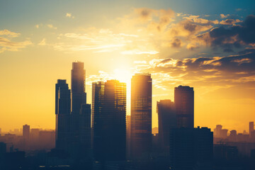 Fototapeta premium awn unfold over a city skyline silhouette, with towering skyscrapers in a scenic urban landscape, creating a panoramic cityscape that captures of modern architecture and professional growth.