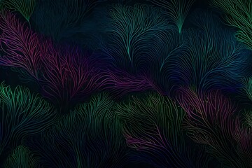 A serene and captivating patterned background is created by a flowing blend of organic shapes that resemble a digital forest of bioluminescent plants. 