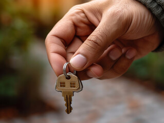 Closeup of Person Holding a House Key in Their Hand. A closeup photo of a persons hand holding a metallic house key with a black keychain.