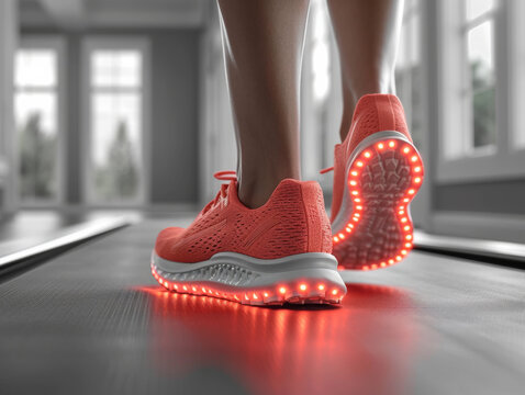 Close Up of Persons Feet With Light Up Shoe at Night. A detailed view of a persons feet wearing a light up shoe