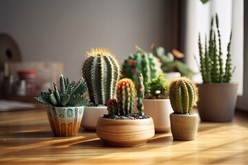 Placed on a wooden table is a cactus plant