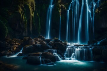 A cascade of digital waterfalls with streams of light flowing down in intricate patterns, offering a tranquil and hypnotic visual experience.