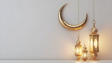 ramadan islamic greeting card of crescent moon decoration and lanterns with copy space area banner