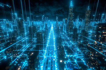 Fototapeta na wymiar neon light blue virtual cityscape