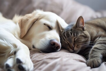 Hund und Katze kuscheln sich aneinander auf dem Sofa 