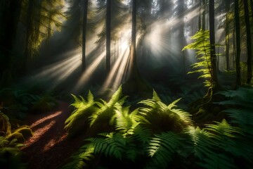 Sunbeams piercing through the mist in a lush forest, illuminating a natural tapestry of ferns and foliage on the forest floor