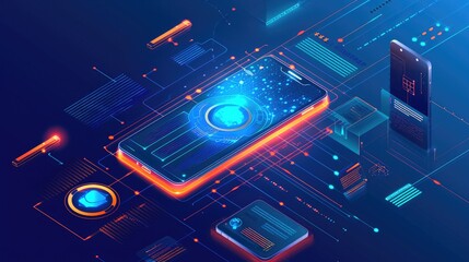 Obraz premium A futuristic infographic showing the evolution of phone cybersecurity, from basic PINs to advanced biometrics and AI-based threat detection