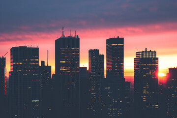 Dawn unfold over a city skyline silhouette, with towering skyscrapers in a scenic urban landscape, creating a panoramic cityscape that captures the essence of modern architecture.