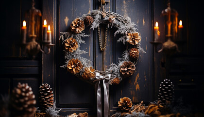 Winter celebration  rustic wreath on wooden door generated by AI