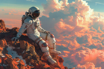 An adventurous astronaut in a white suit sits on a rough Martian cliff, contemplating the vast universe and alien landscapes in this artful space exploration illustration. - Powered by Adobe