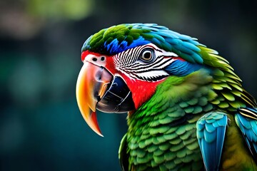 Close-up of a colorful parrot with its beak slightly open, as if preparing to utter a melodious tune. 