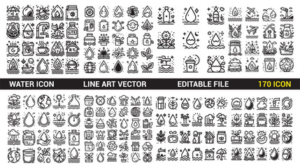 Water Line Icon Set. Drop Water Thin Linear Icon. Editable stroke. Vector illustration.