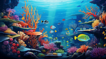 Obraz na płótnie Canvas Underwater Scene With Coral Reef And Exotic Fishes, Ai generated image