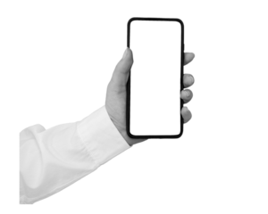 Black and white hand in a white shirt holding a phone with an empty screen isolated on transparent background - element for collage