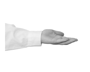 Black and white hand in a white shirt holds something isolated on transparent background - element...