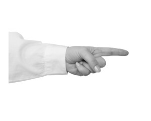 Black and white hand in a white shirt points with a finger isolated on transparent background -...