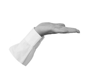 Black and white hand in a white shirt holds something isolated on transparent background - element...