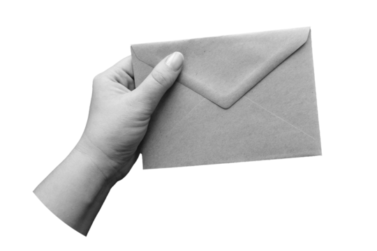 Black and white hand holds a closed kraft envelope. Letter in hand isolated on transparent background - element for collage