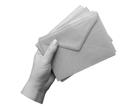 Black and white hand holds a stack of closed envelopes. Letters in hand isolated on transparent background - element for collage