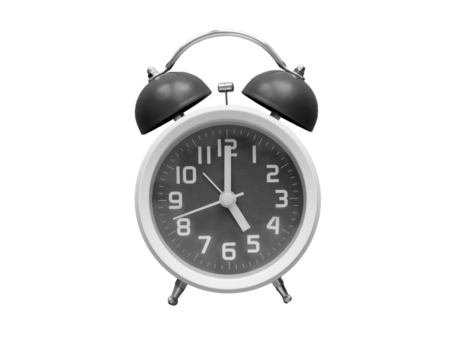 Black and white classic alarm clock isolated on transparent background - element for collage