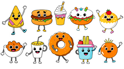 Cartoon Donut Retro Fast Food Characters Emoji Set. Whimsical, Nostalgic Reminiscent Of Classic Diner Aesthetics , on isolated white background