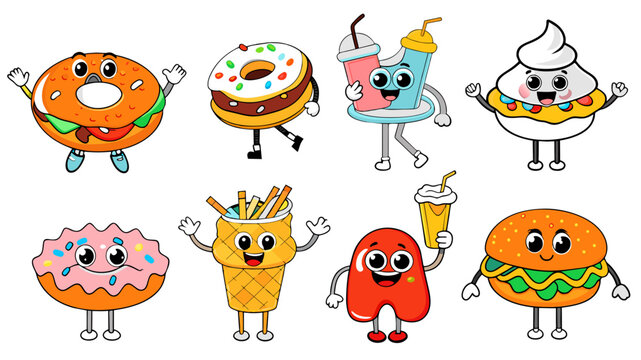 Cartoon Donut Retro Fast Food Characters Emoji Set. Whimsical, Nostalgic Reminiscent Of Classic Diner Aesthetics , on isolated white background
