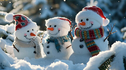 Funny snowman family in hats, scarves and scarves standing in the snow 
