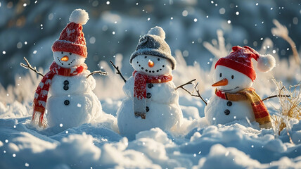 Snowman family on snow background. Christmas and New Year concept.