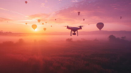 Fototapeta na wymiar Drone in flight capturing the beauty of hot air balloons at sunrise