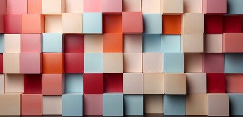 Color-coordinated building blocks forming a pattern on a soft coral background, offering a blank canvas for your words