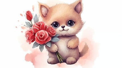 Fototapeta na wymiar Adorable Illustrated Puppy Holding a Bouquet of Roses