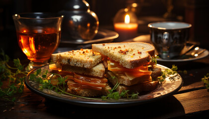 Grilled sandwich on rustic wooden table, ready to eat generated by AI