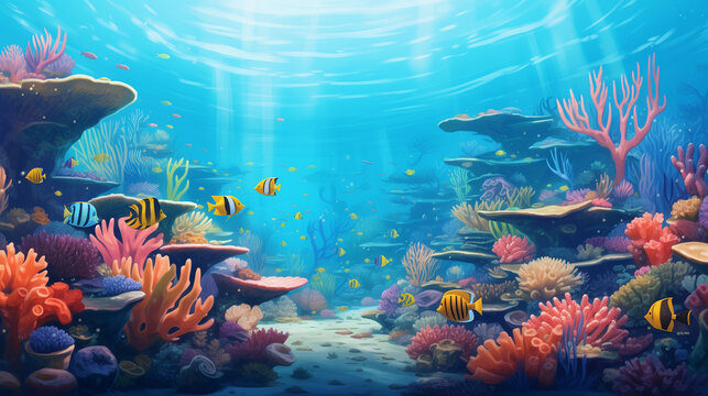 Underwater scene. Coral reef, fish groups in clear ocean water, Ai generated image