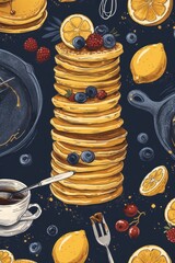 Richly detailed artwork featuring a stack of pancakes adorned with berries, alongside kitchen utensils and a cup of tea