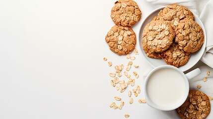 Oatmeal cookies and cup of milk on white background, top view